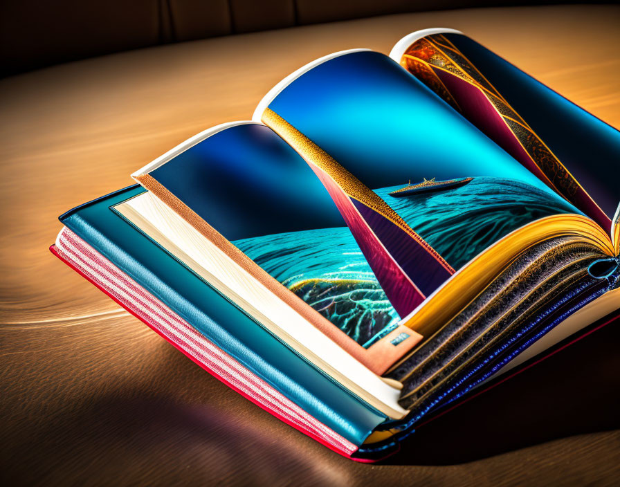 Open book with ocean and sky imagery on wooden surface, pages turning, casting shadow