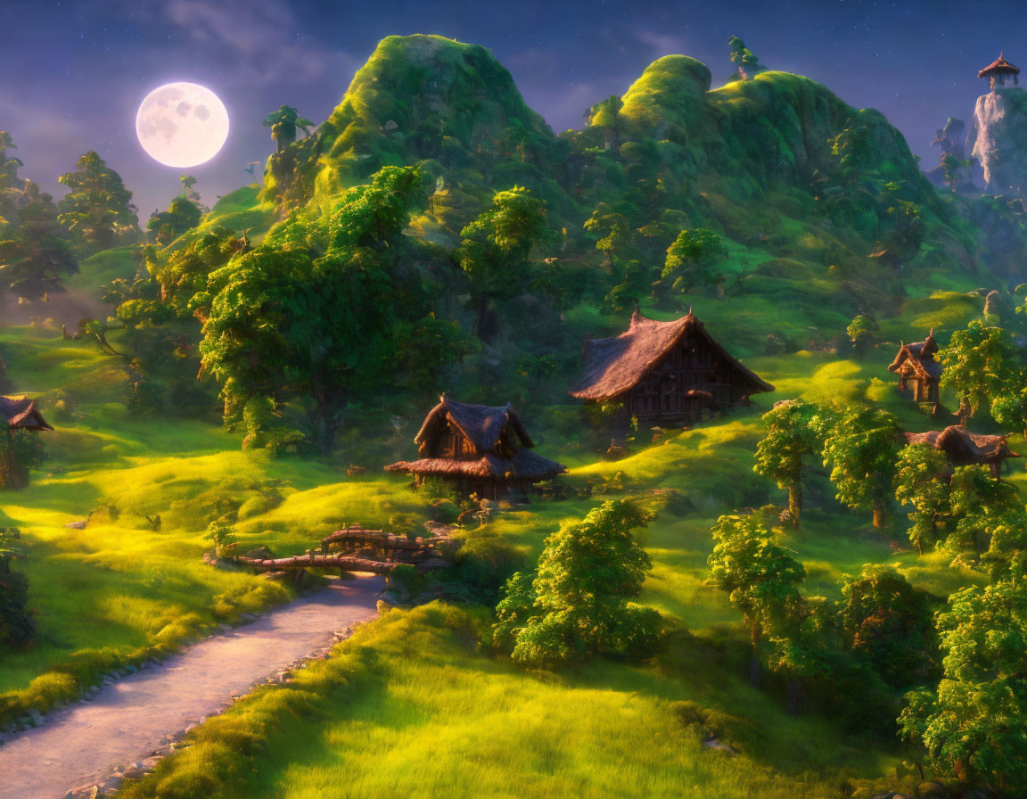 Enchanted village with thatched-roof cottages and full moon over lush hills