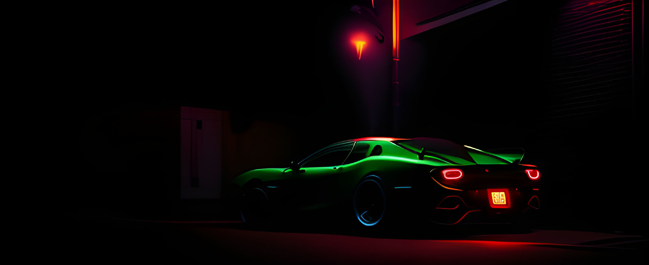 Neon-lit green sports car parked at night beside a building under red stoplight