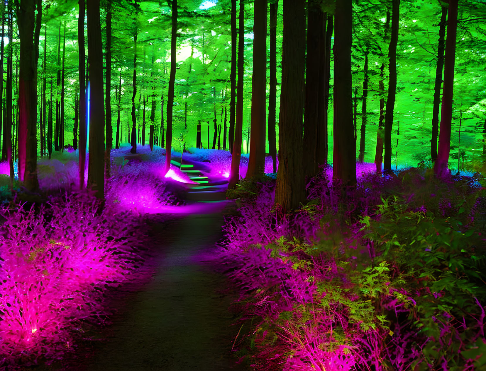 Enchanted forest path with purple and green lights