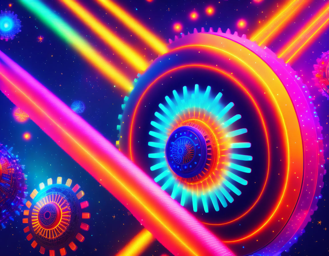 Colorful Digital Art: Neon Glowing Gears & Radiant Beams in Psychedelic Space