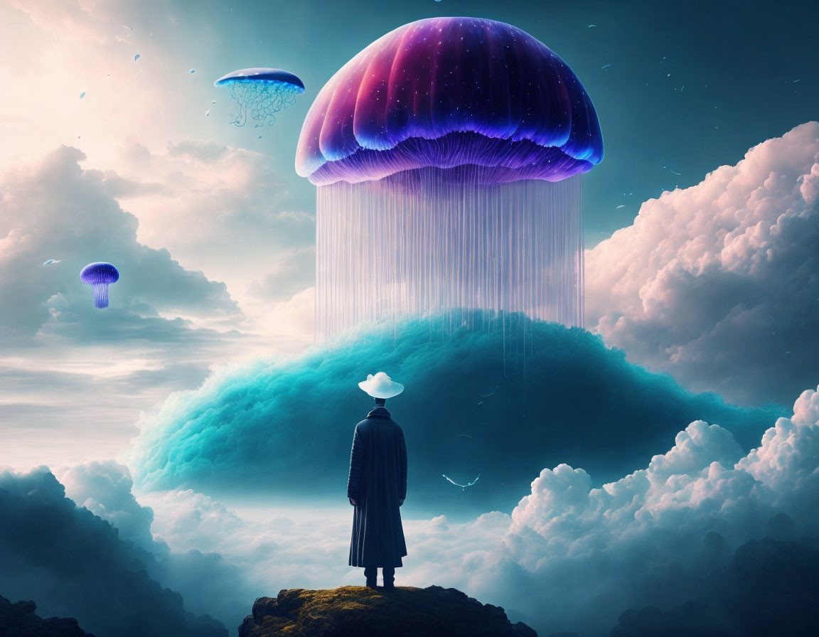 Person in coat and hat gazes at giant jellyfish in surreal landscape