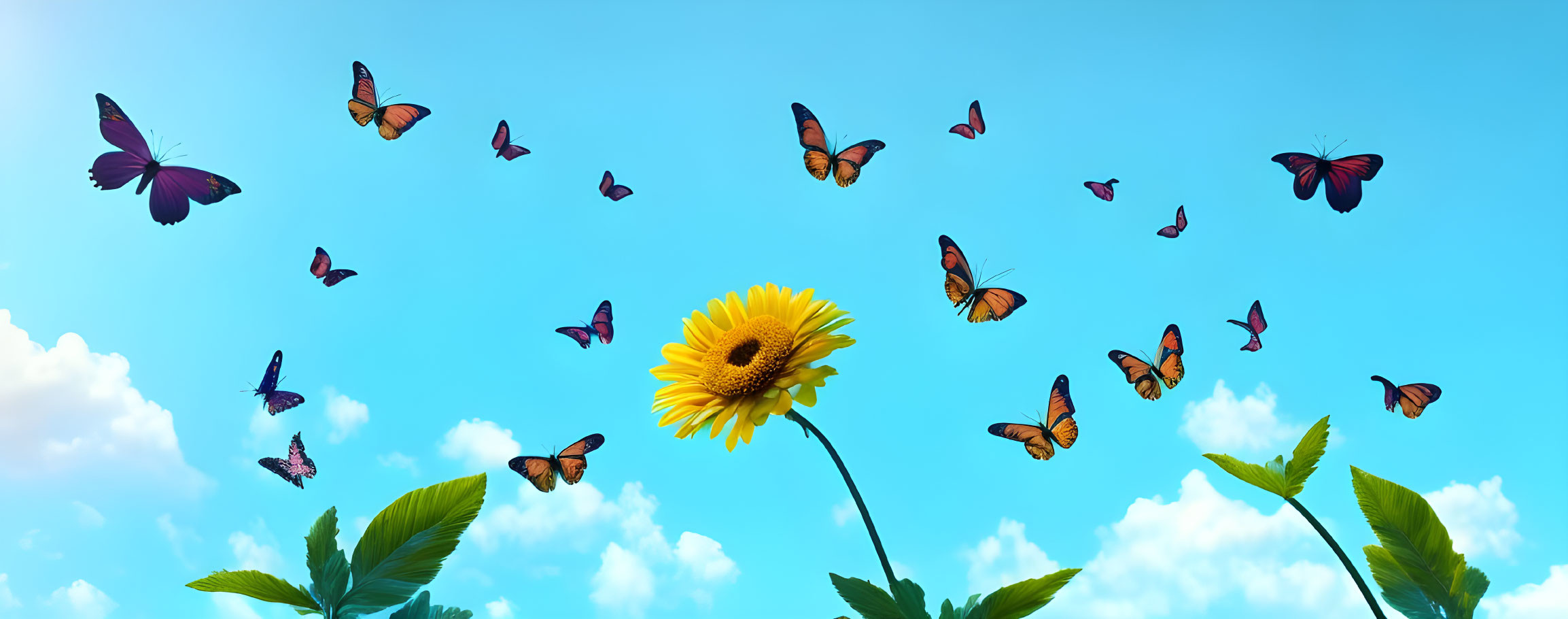Sunflower and butterflies in vibrant nature scene