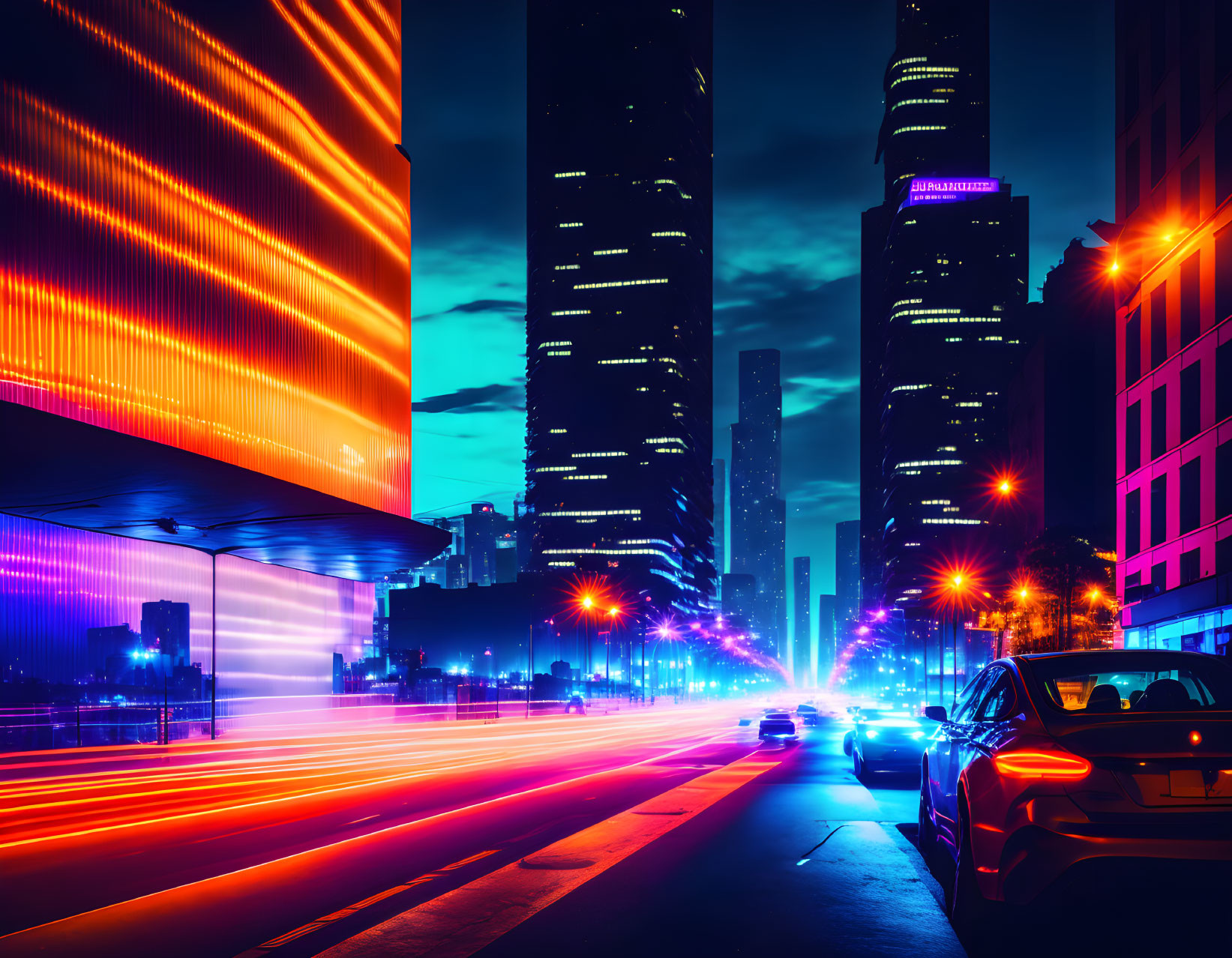Neon-lit city street at twilight with car light trails and high-rise buildings