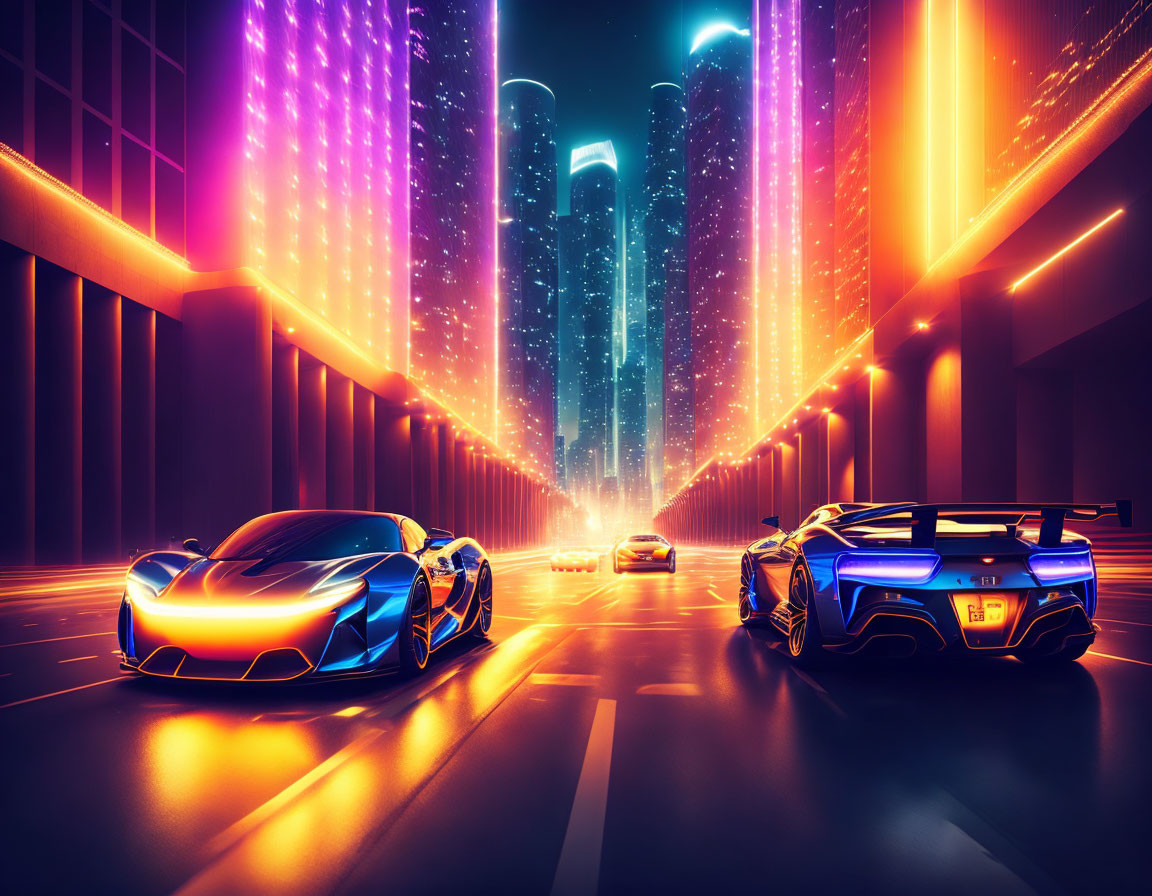 Futuristic city street at night with neon lights, sports cars racing, skyscrapers, and