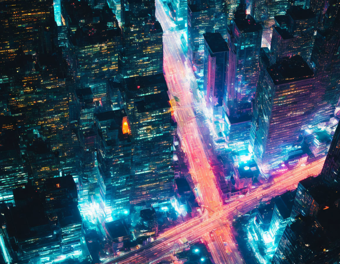 City at Night: Aerial View with Neon Lights and Busy Traffic