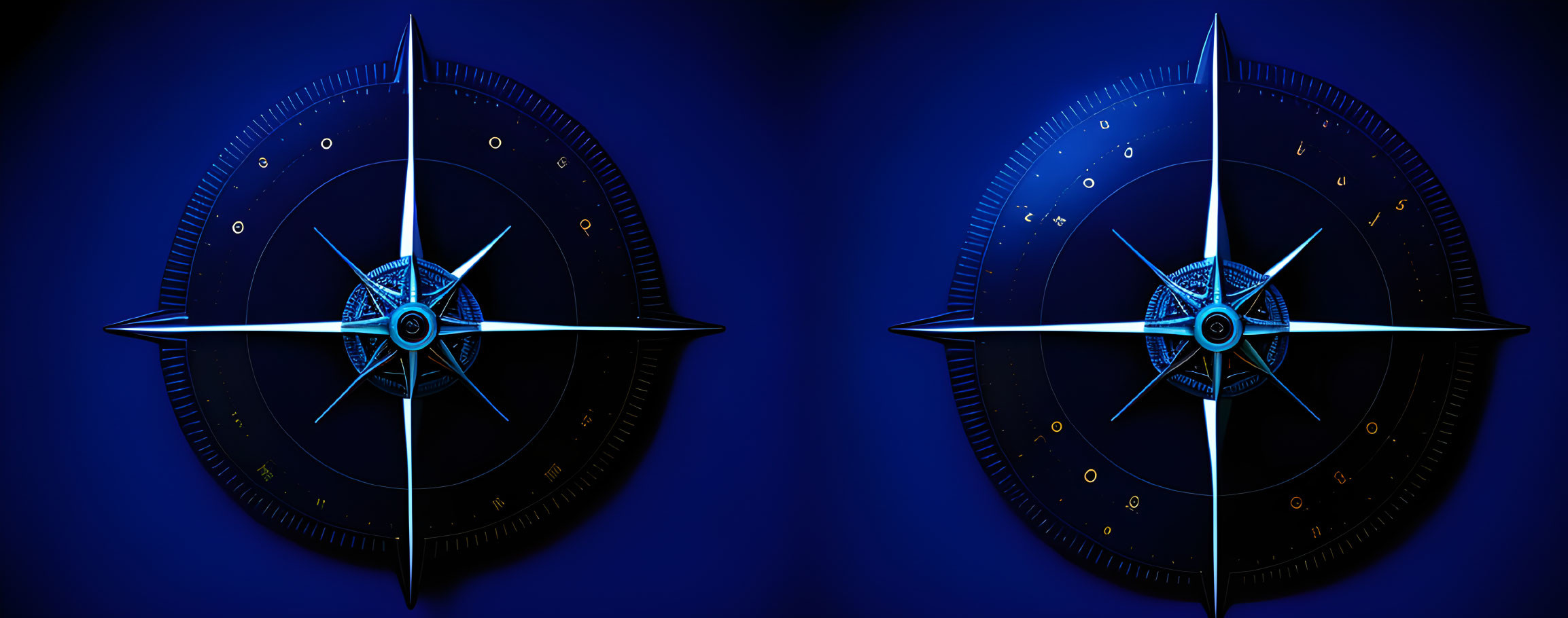 Luminous compass on dark blue background with directional markers