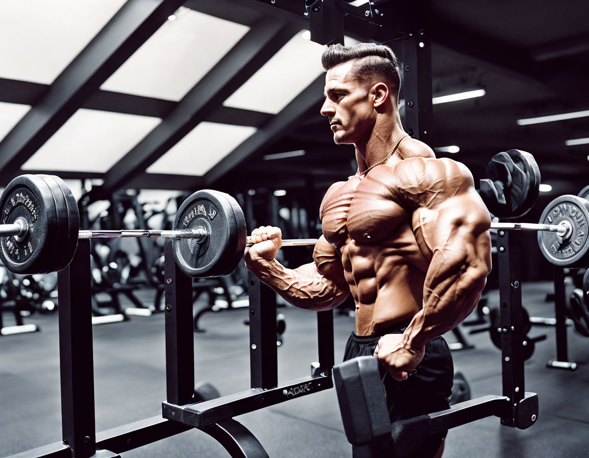 Muscular man showcasing bicep curl with dumbbell in gym