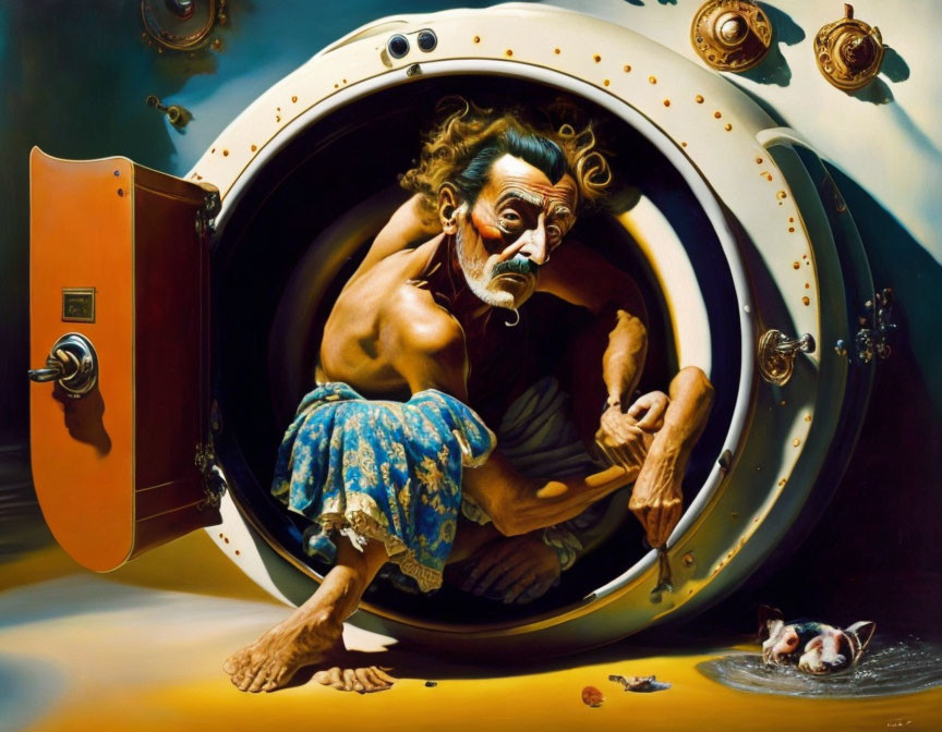Surrealistic painting: Elderly man, cat, and fish in submarine scene