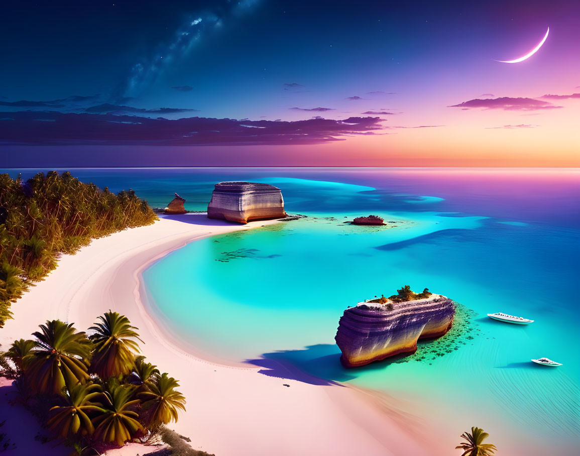Twilight tropical beach scene with palm trees, calm sea, boats, crescent moon, and star