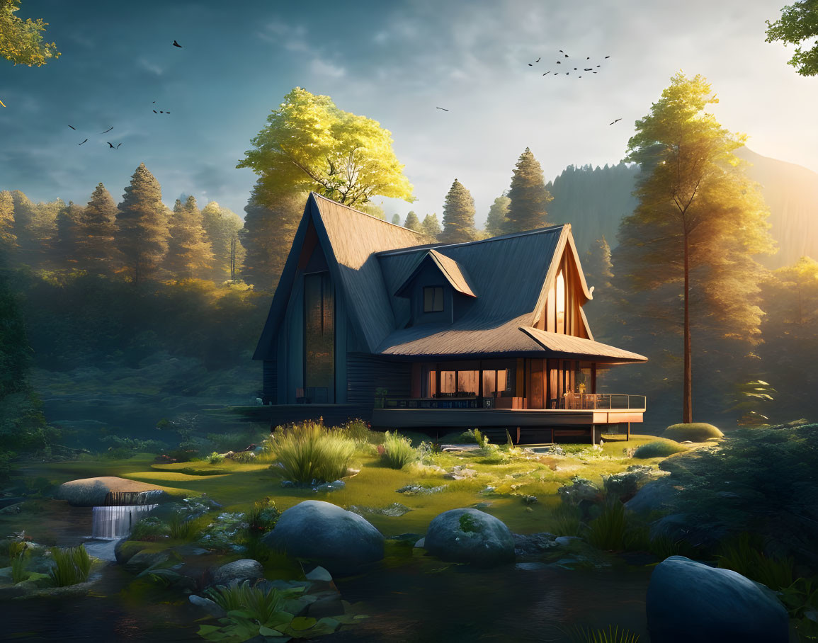 Tranquil A-Frame Cabin in Nature with River and Twilight Sky