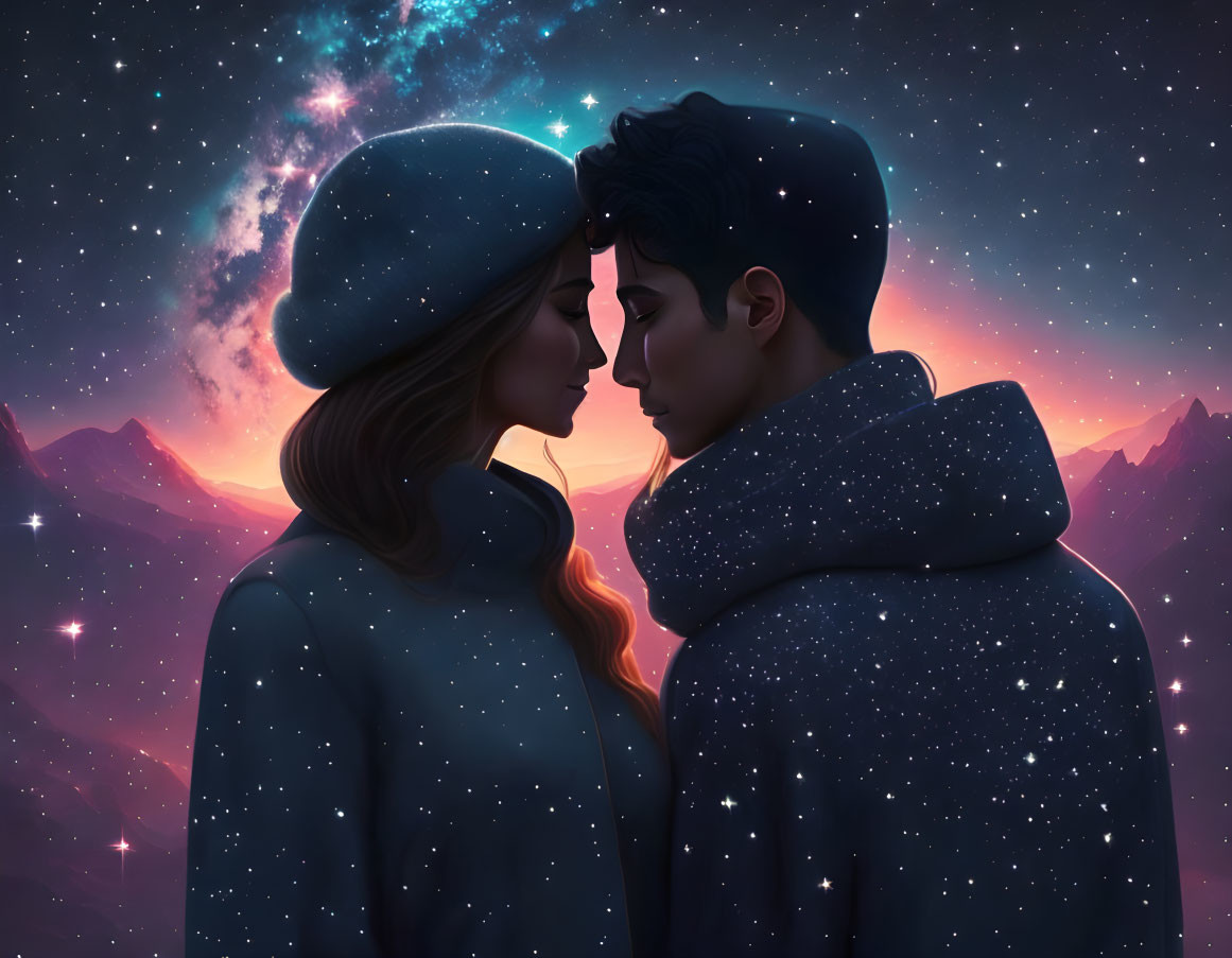 Young couple close together under starry night sky with mountains.