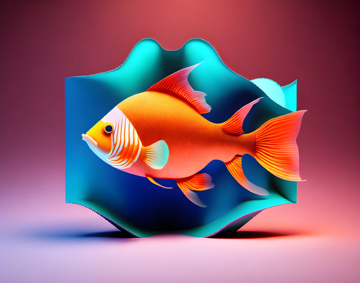 Vibrant orange digital fish with white stripes swimming through blue portal