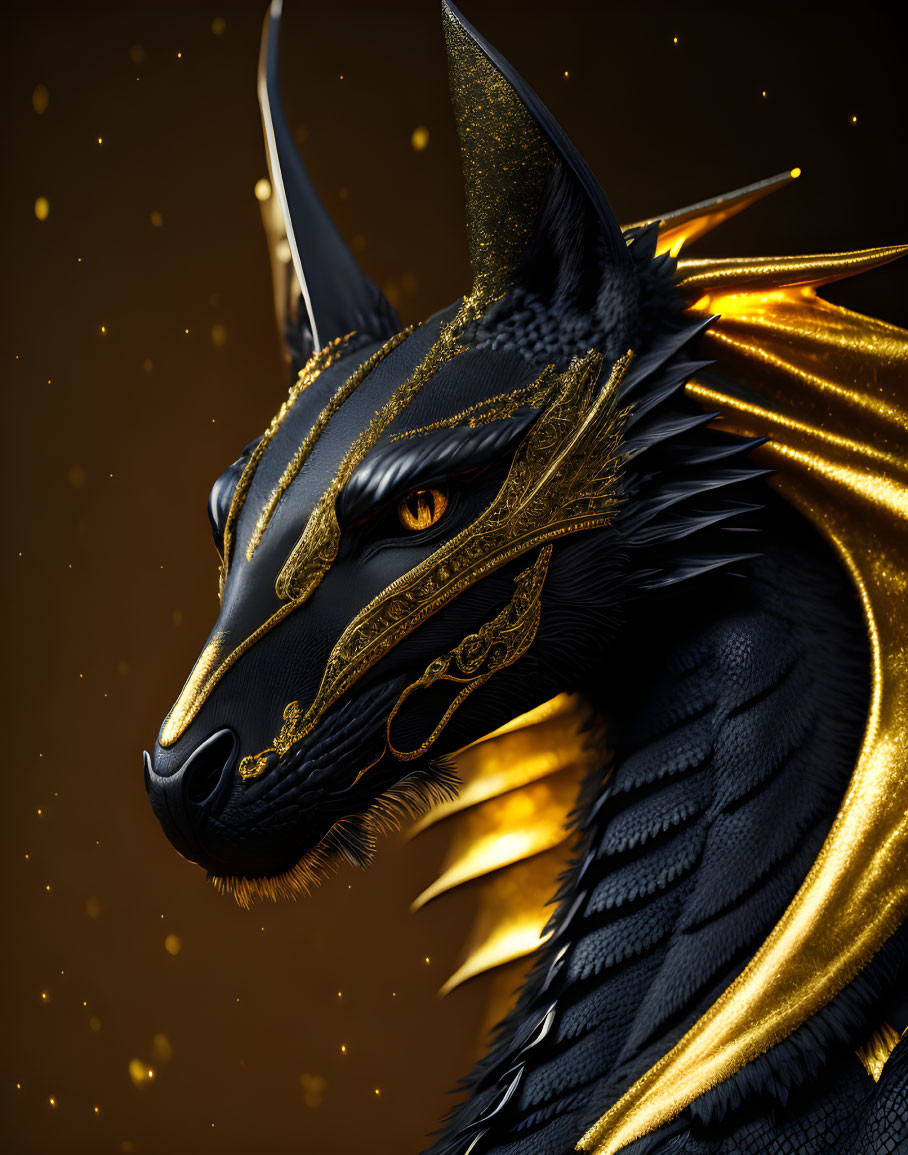 Black Dragon with Golden Details and Glowing Eyes on Dark Background