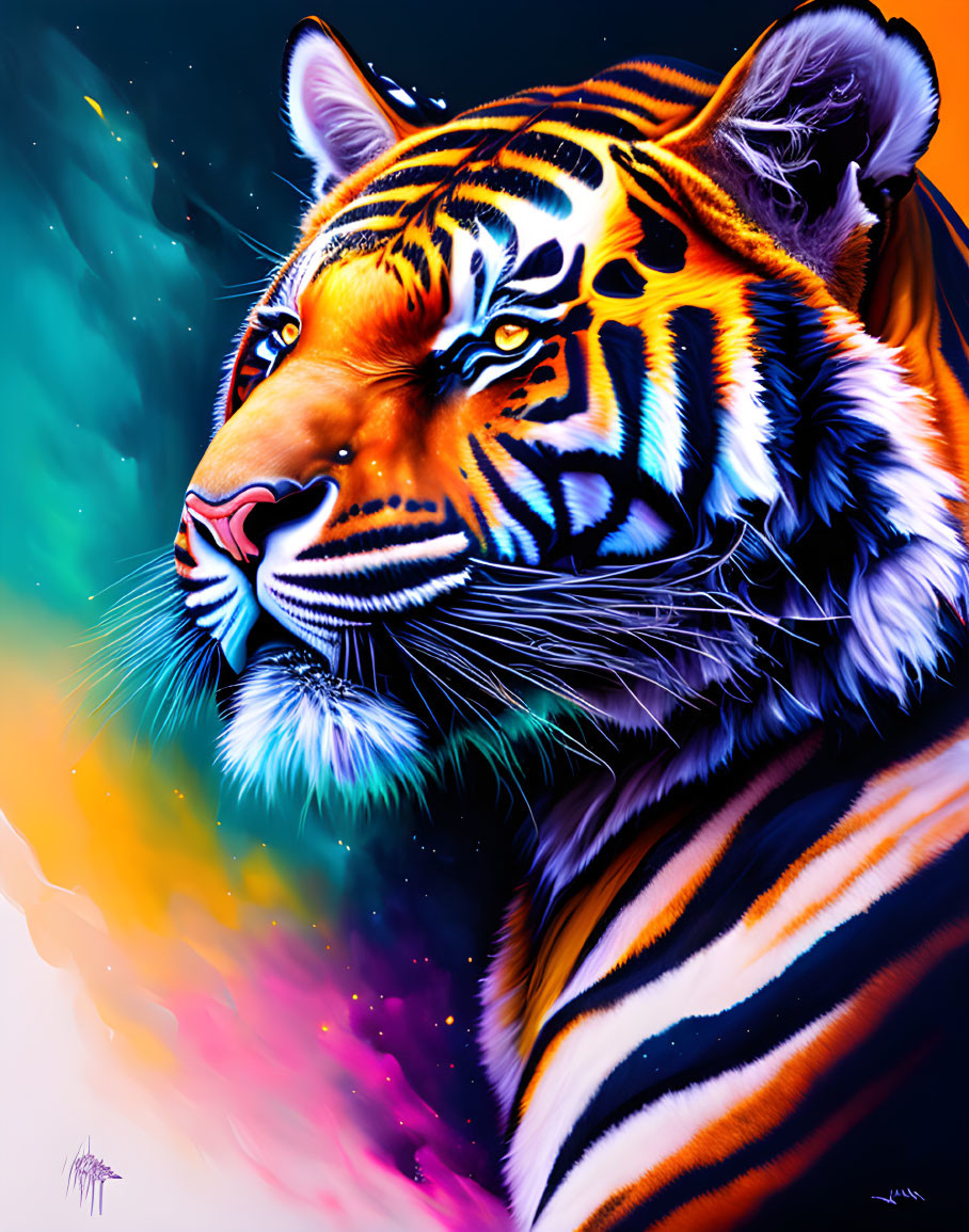 Colorful Tiger Artwork with Cosmic Background in Orange, Black, and Blue
