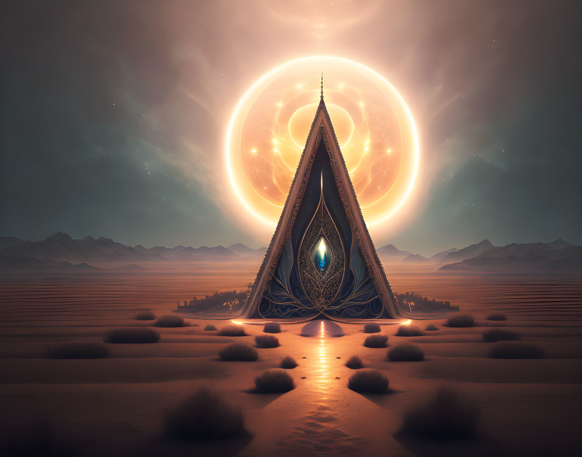 Futuristic spire in desert with celestial body and light effects.