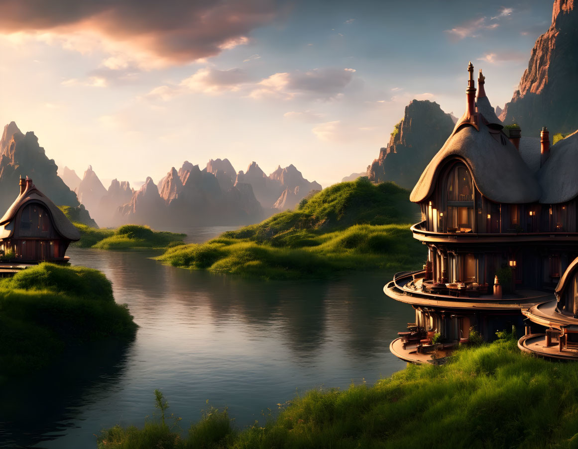 Fantasy landscape with river, whimsical houses, mountains at sunset