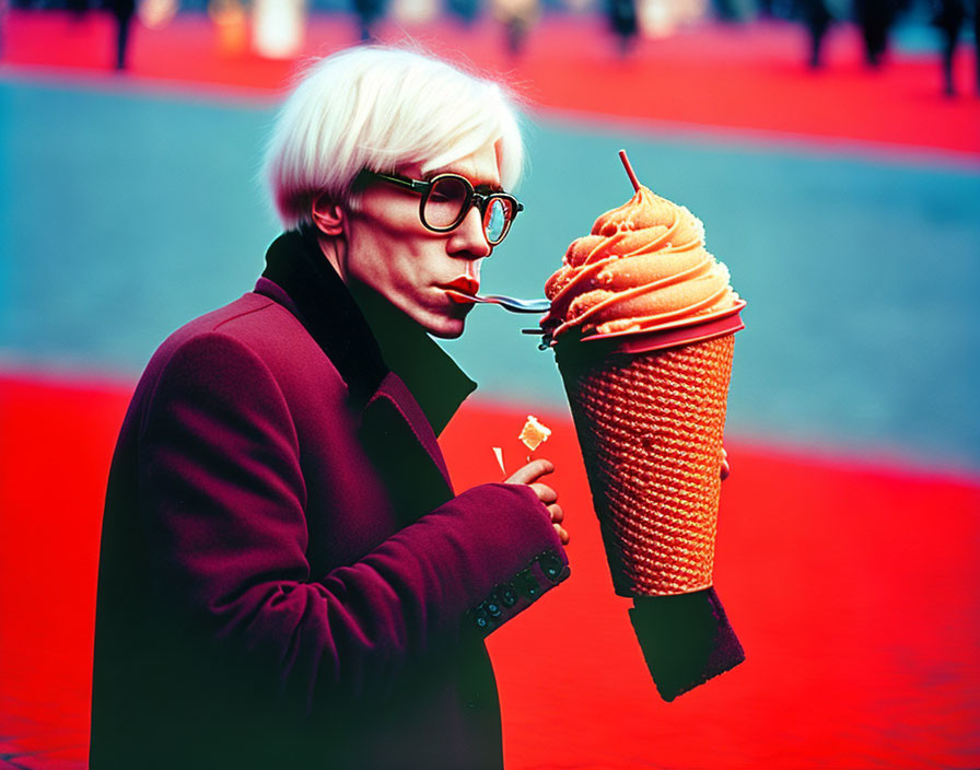 Blond Person with Large Glasses Eating Oversized Ice Cream