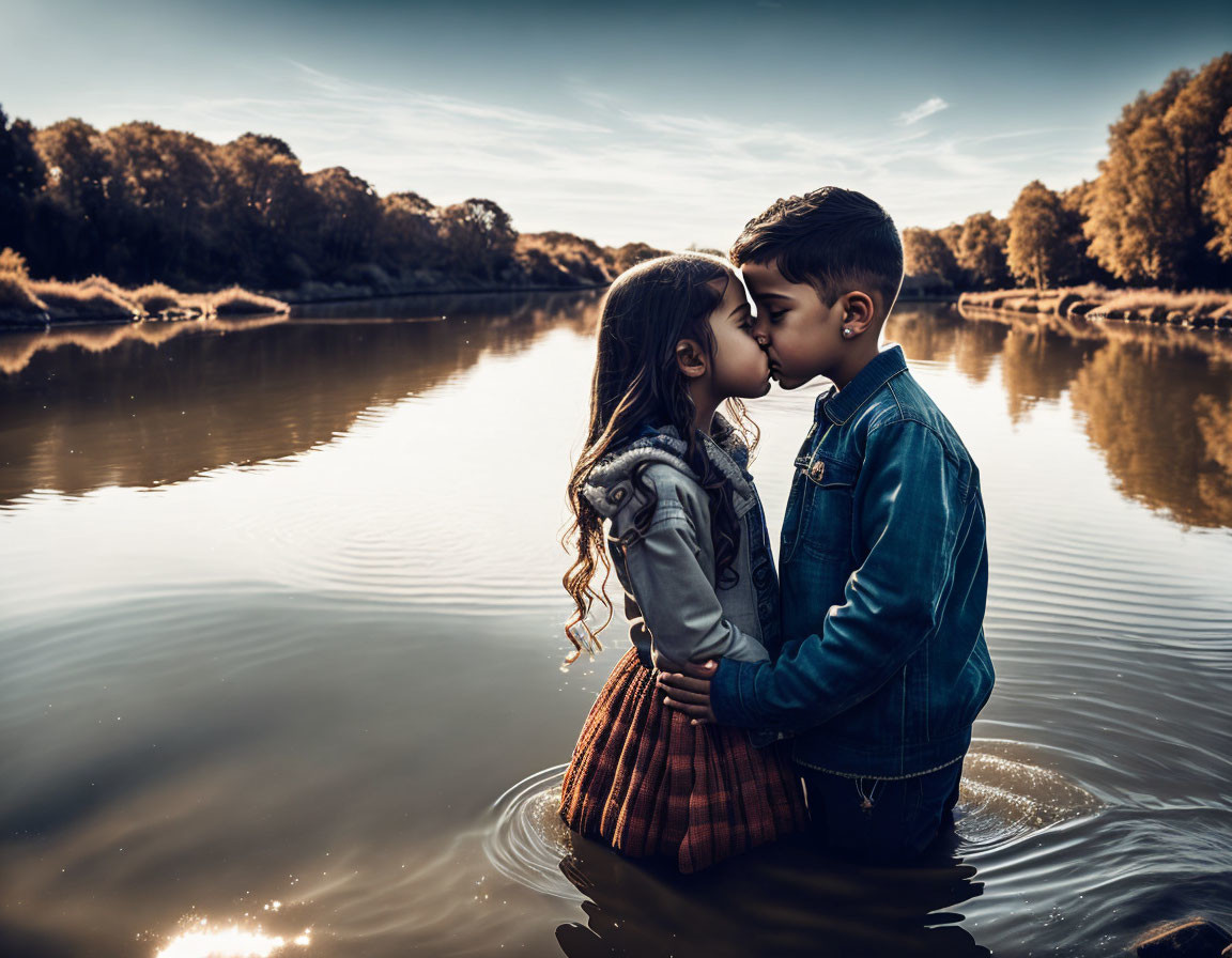 Children sharing gentle kiss by serene river with forest backdrop & soft glowing sky