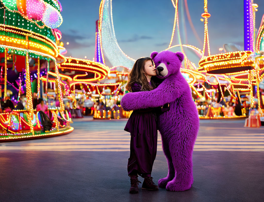 Purple bear 2 with girl in fun fair