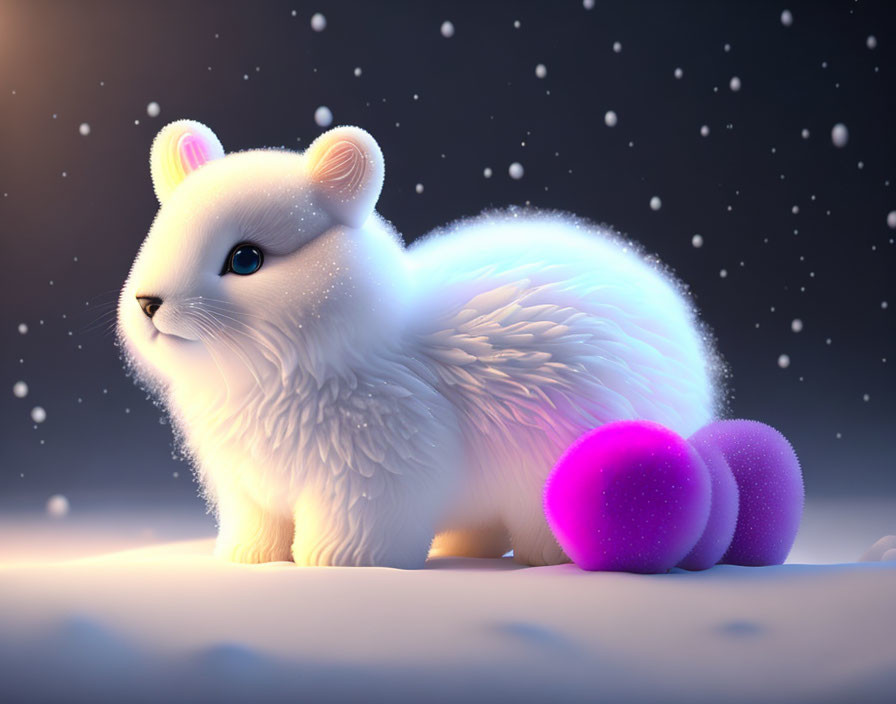 Fluffy white animated hamster with purple berries in snowy twilight