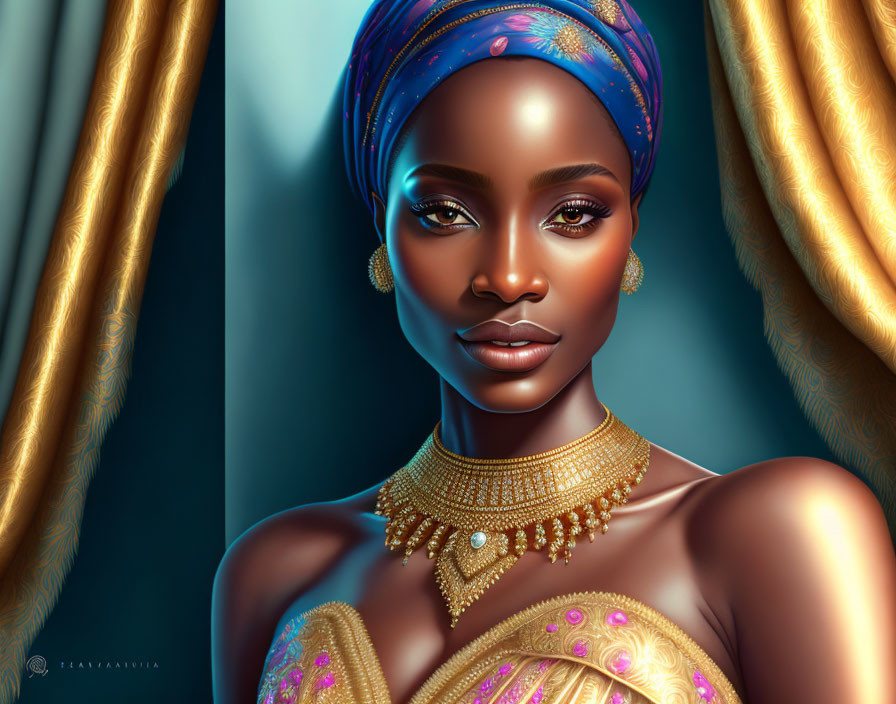 Detailed digital artwork of woman in blue headwrap and gold jewelry against gold curtains
