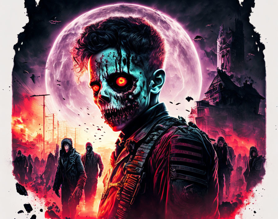Dystopian artwork of zombie soldier under blood-red moon