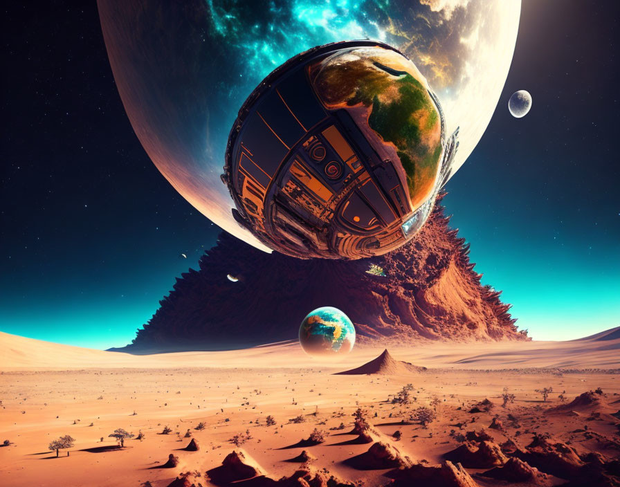 Colossal spaceship over desert with giant planets in surreal sci-fi landscape