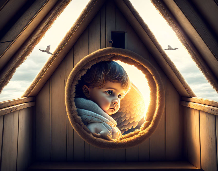 Child with angel wings gazes at birds through attic window at sunset