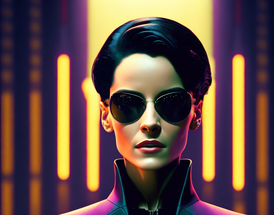 Stylized portrait of woman with slicked-back hair and sunglasses against neon light bars