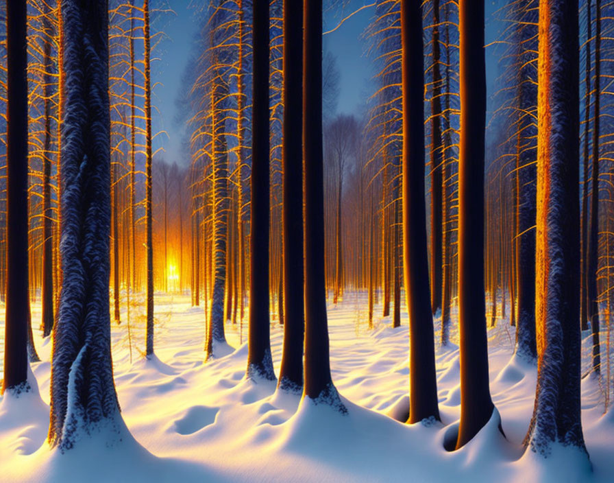 Winter Forest Scene: Tall Trees, Snow Blanket, Glowing Sunlight