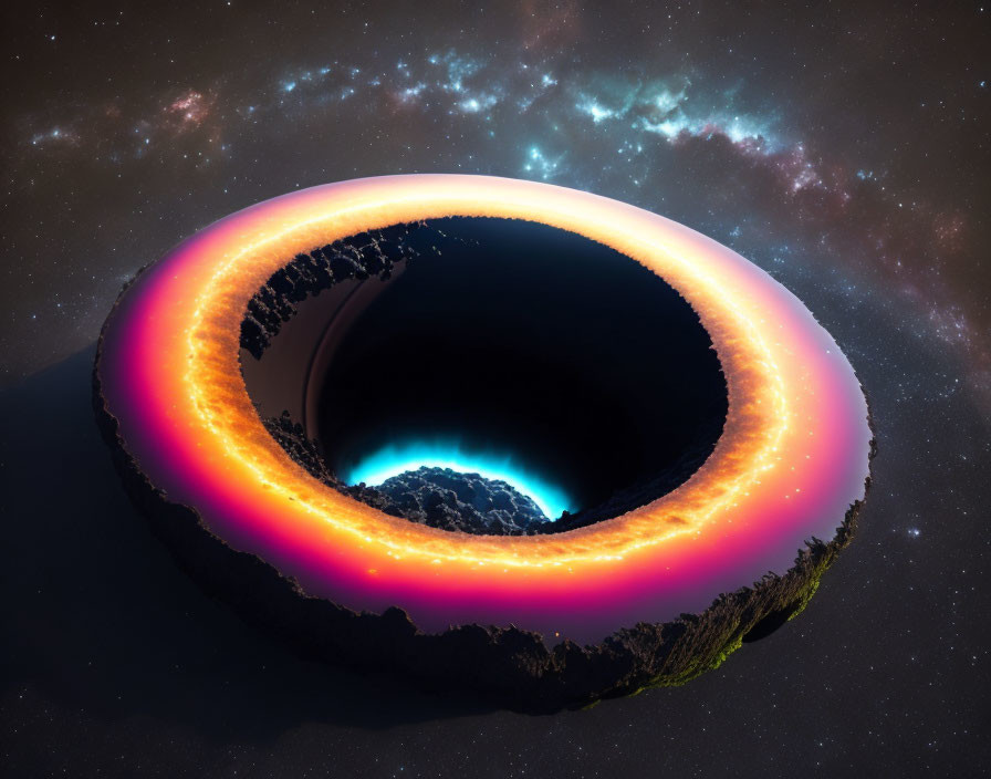 Colorful depiction of black hole with glowing accretion disk in cosmic setting