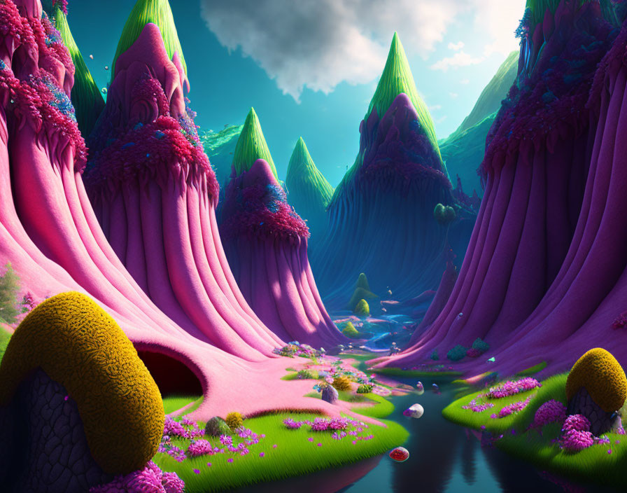 Vibrant pink and green mountains in whimsical landscape