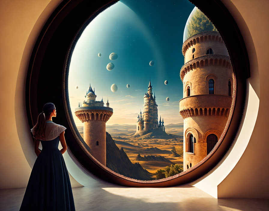 Woman gazing at fantastical landscape through circular window