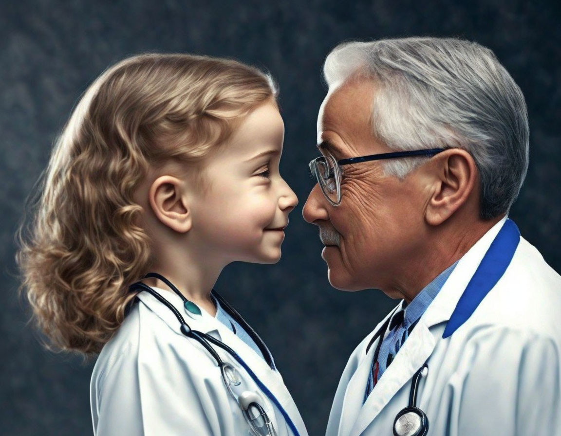 Young girl and elderly male doctor sharing a happy moment touching foreheads