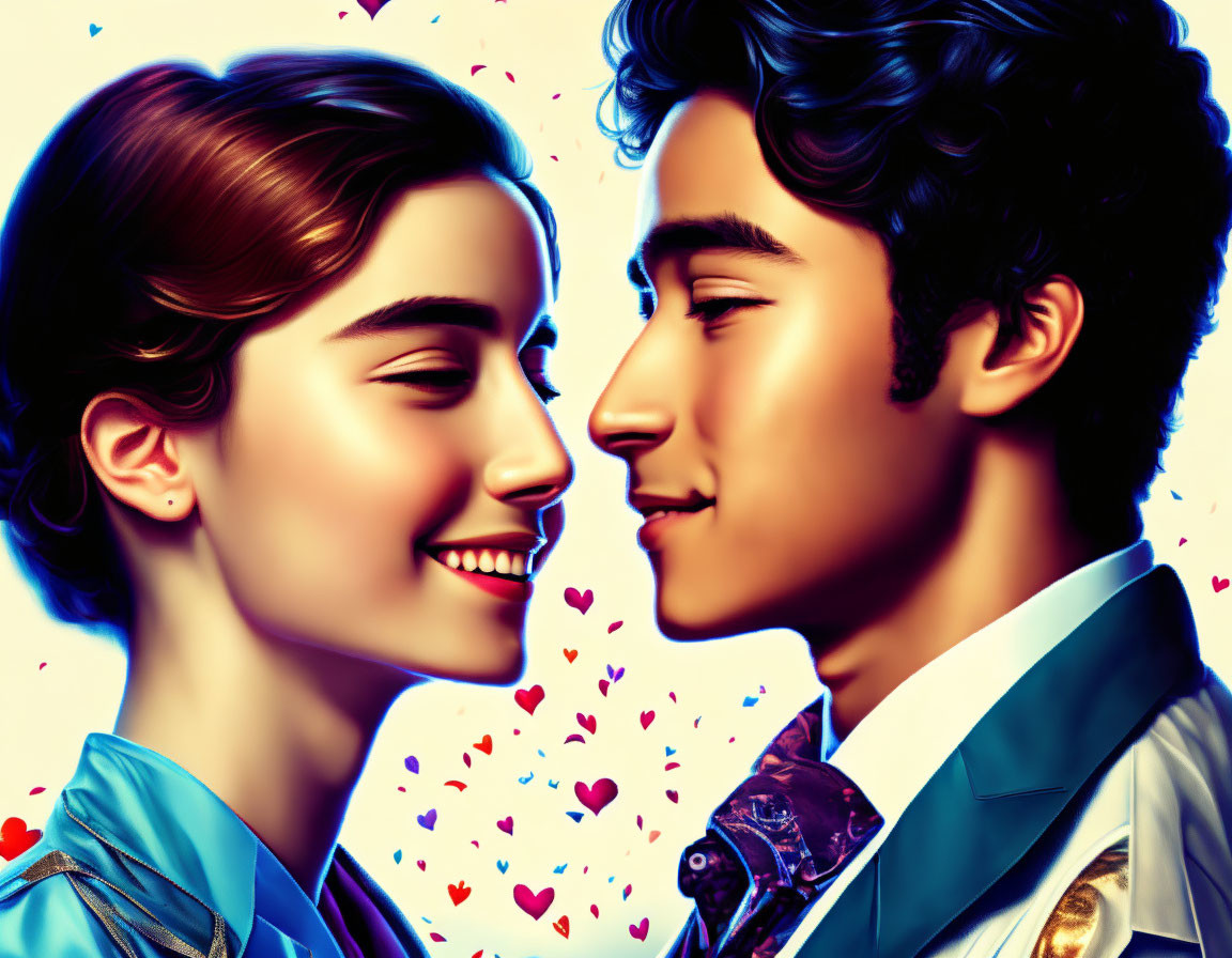 Smiling young couple illustration with floating hearts