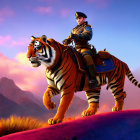 Uniformed character riding large tiger with second tiger on purple terrain under vibrant sky