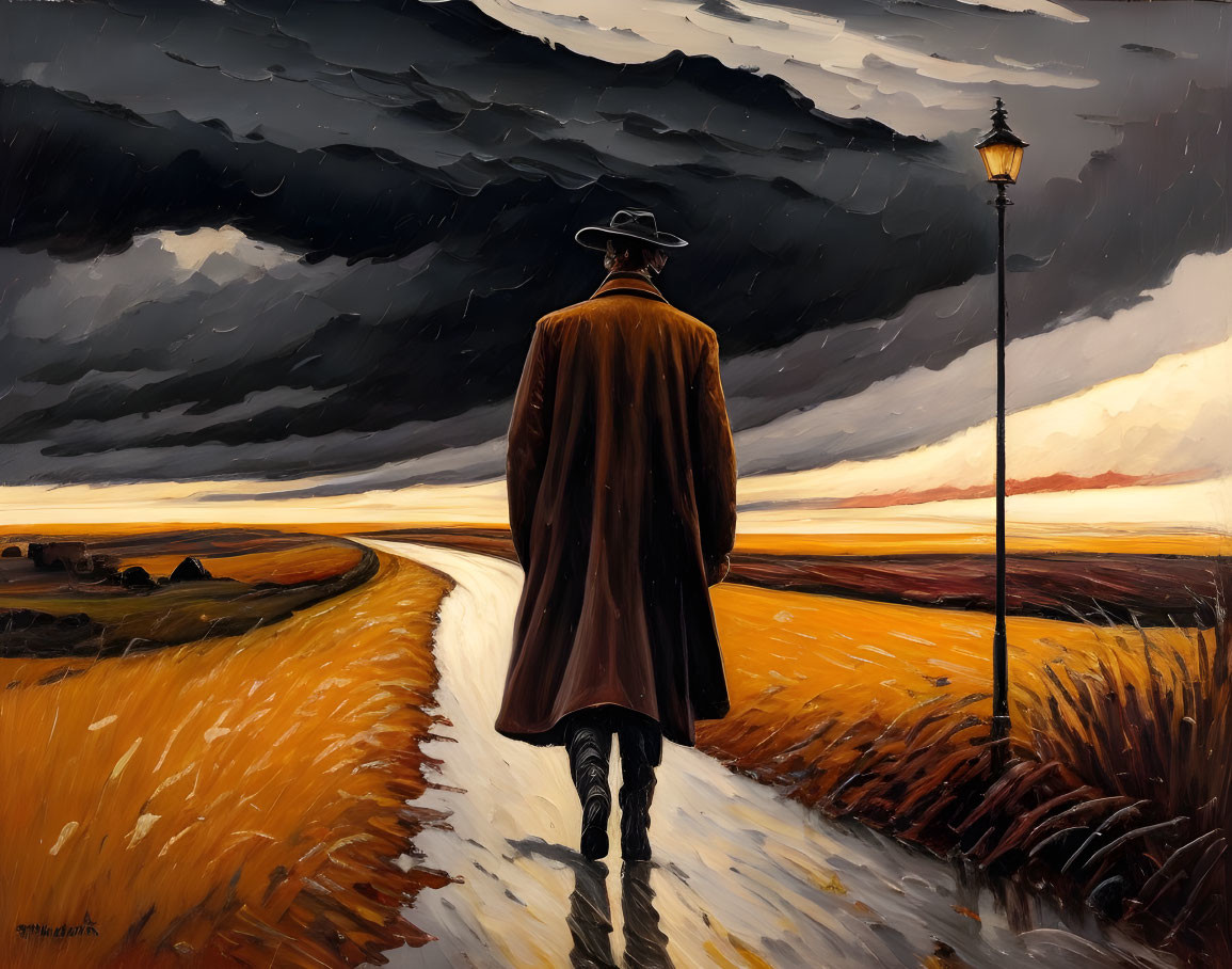 Person in coat and hat walking on path under dramatic sunset sky