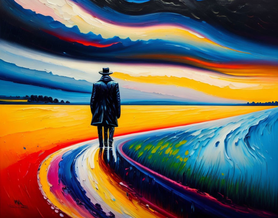 Colorful painting of person in hat on swirling path under dramatic sky