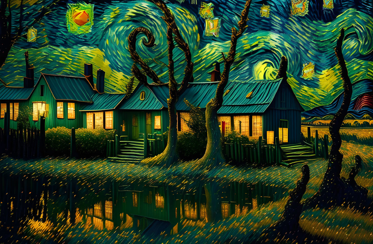 Colorful nightscape painting with swirling blue and yellow skies, stars, moon, houses, and trees