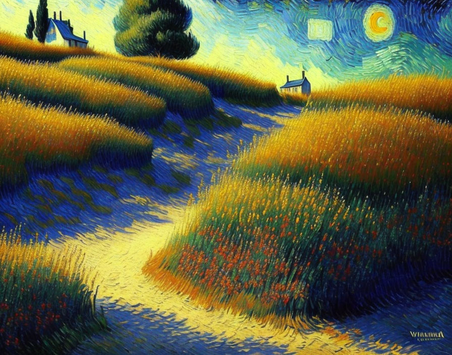 Colorful painting of wheat fields, winding path, starry sky, and distant houses