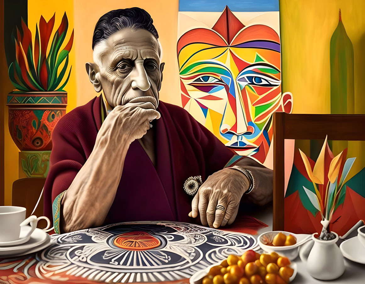 Elderly man with mandala, vibrant artwork, tea, and kumquats