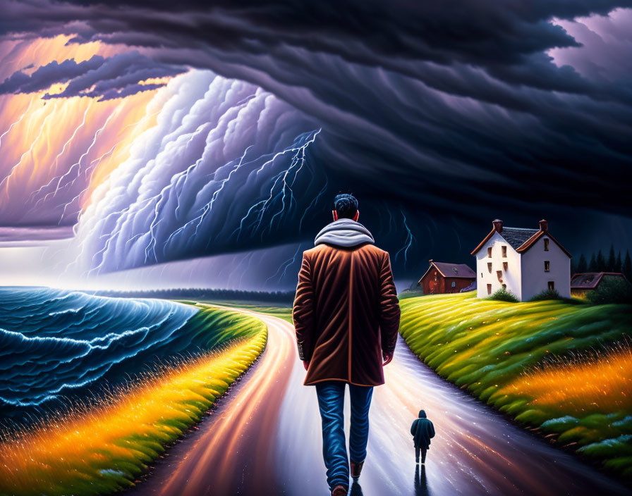 Man walking towards storm on vivid road near solitary house