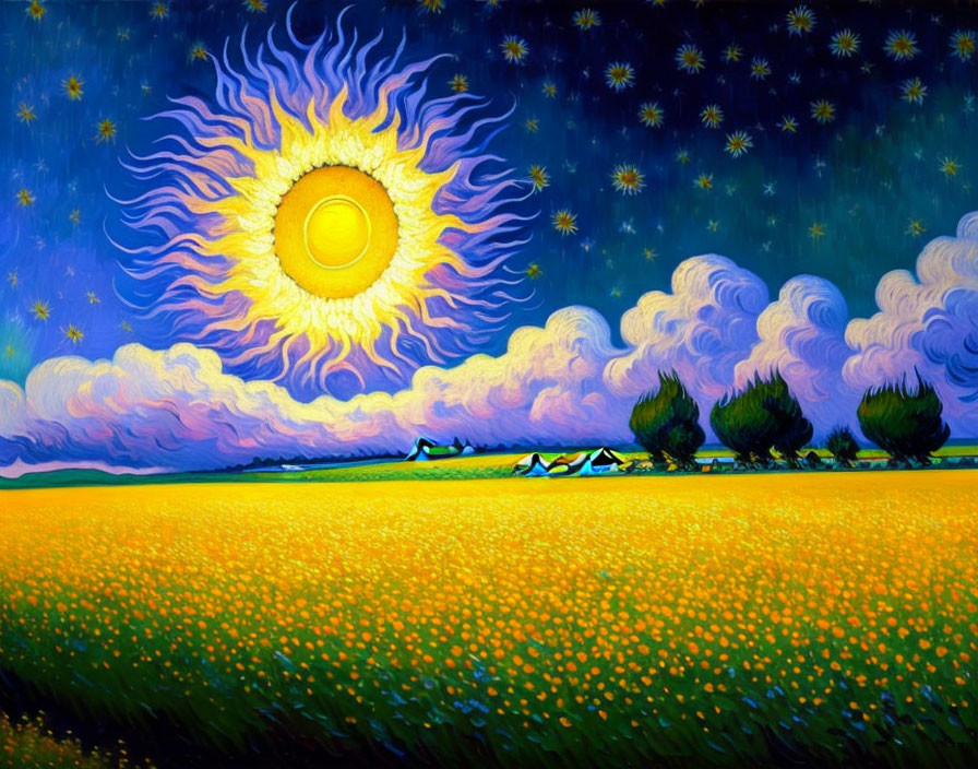Colorful surreal landscape with radiant sun, stars, swirling clouds, trees, and golden blooms under night