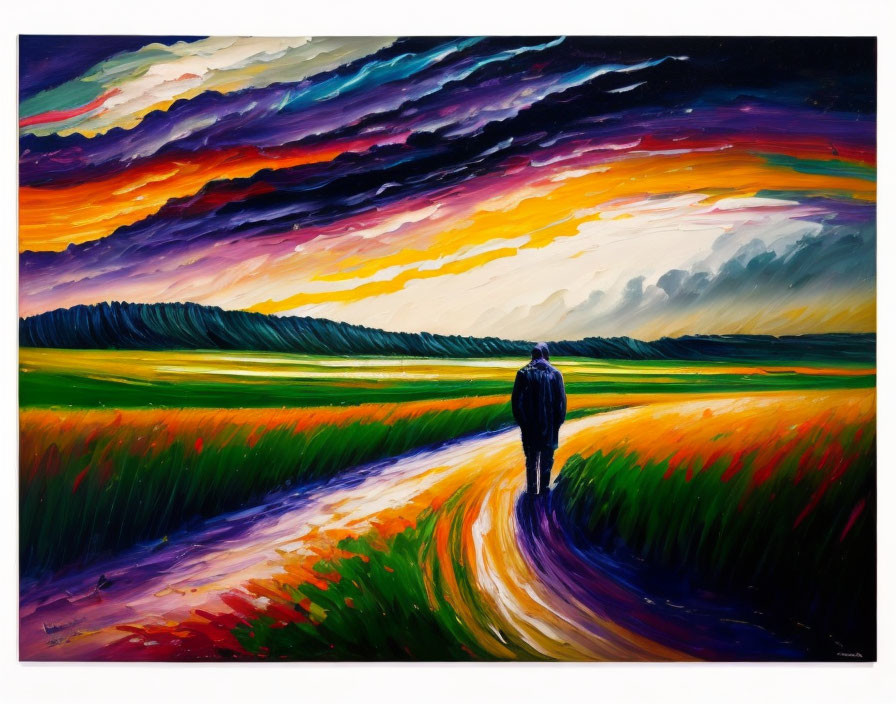 Colorful Painting of Solitary Figure Walking Through Stylized Fields