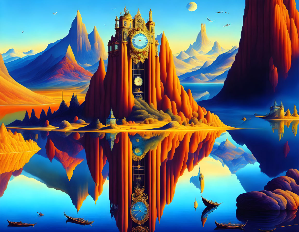 Surreal landscape with clock tower, orange mountains, birds, boats, and castles