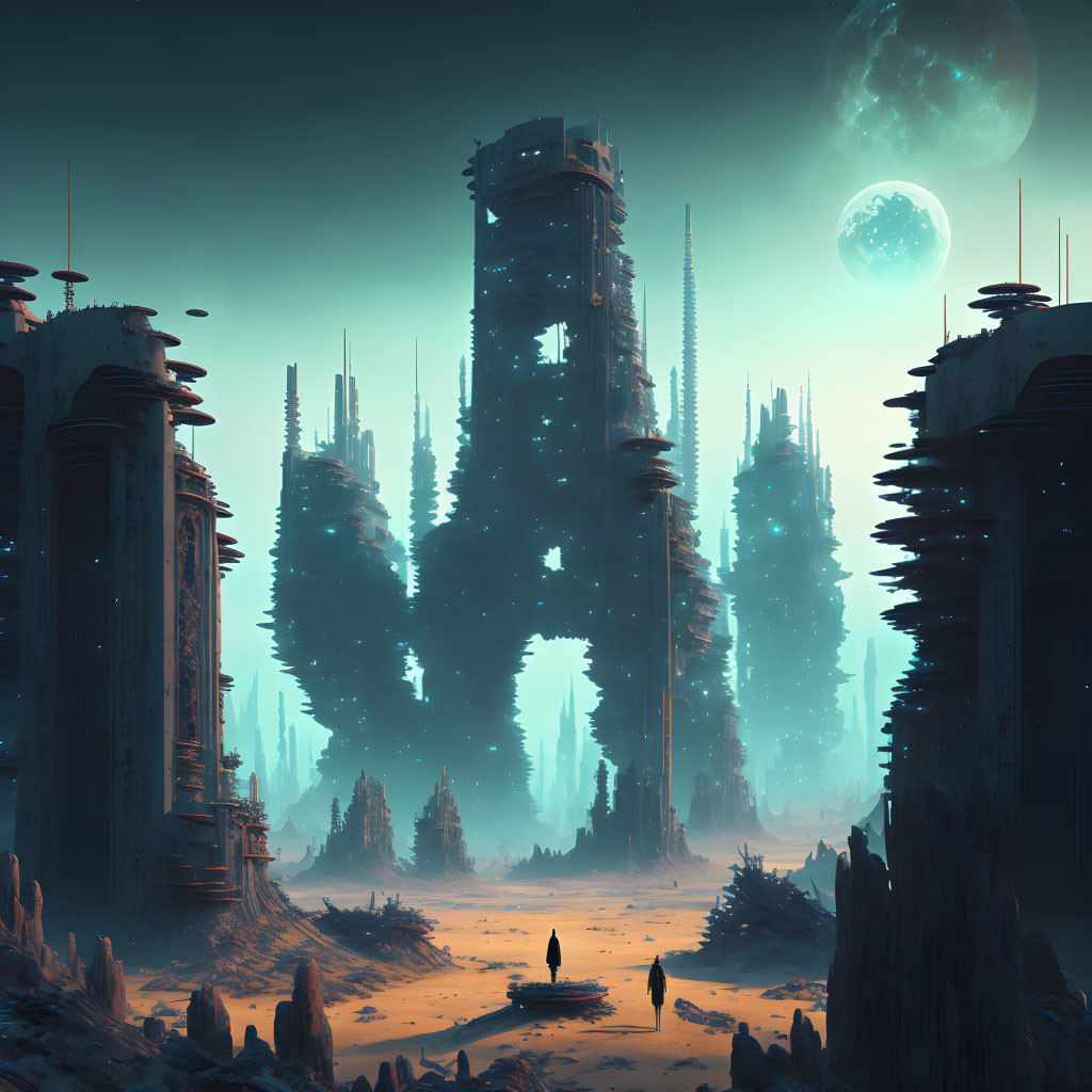 Desolate sci-fi landscape with alien structures and large moon