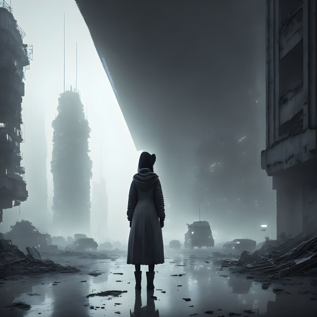 Hooded figure in foggy cityscape with abandoned cars and buildings