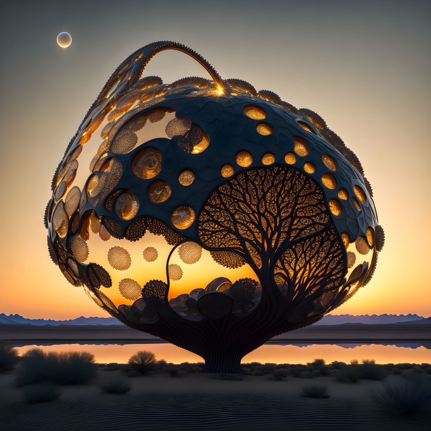 Surreal spherical structure with tree-like patterns in desert twilight.