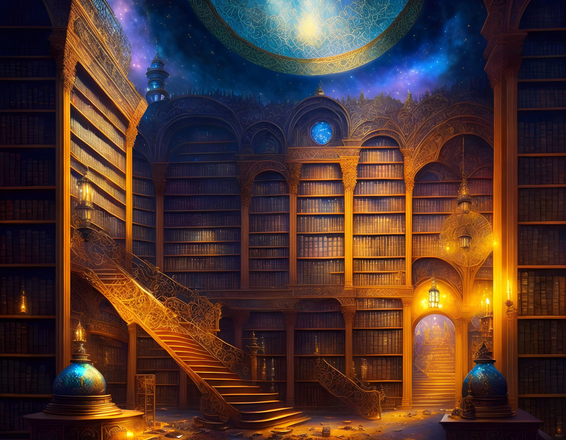 Mystical library with towering bookshelves and celestial-patterned ceiling